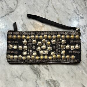 Stylish Black and Gold Embellished Wristlet